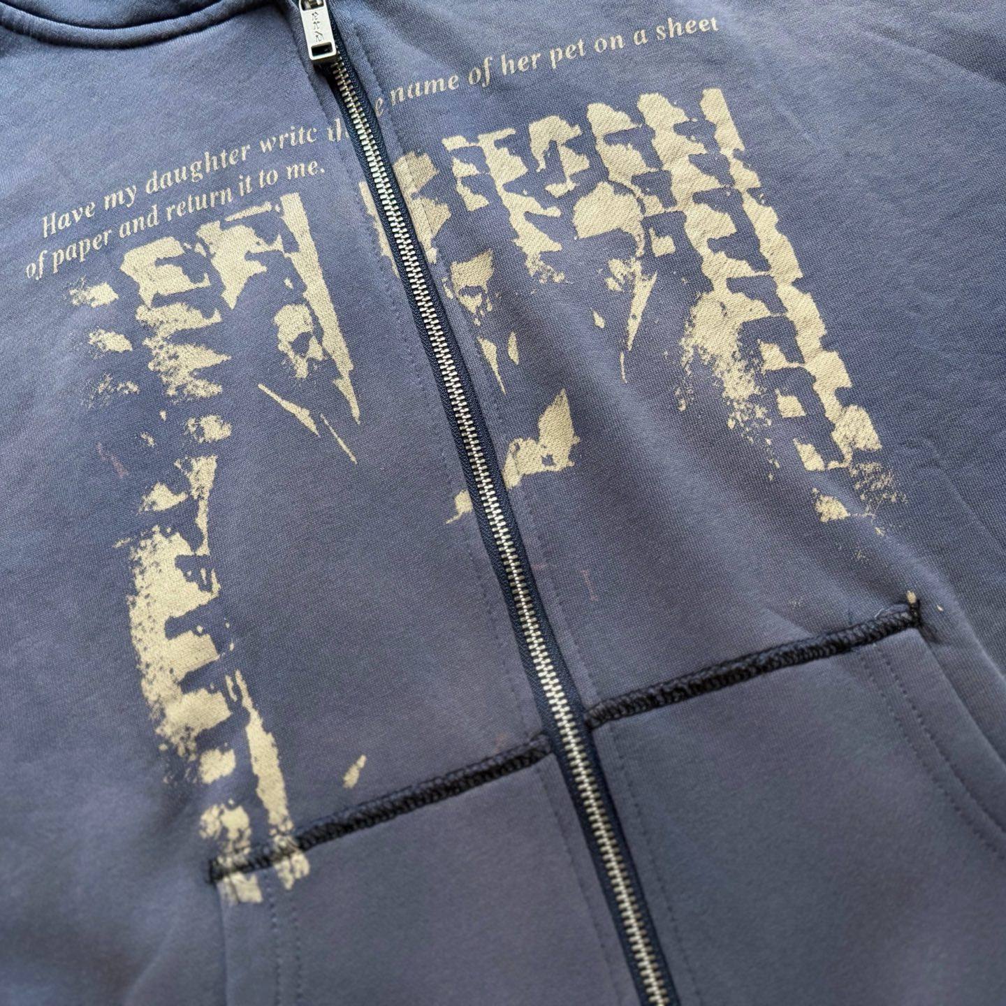 ERD Heavyweight Washed Distressed Graphic Zip Up Hoodie